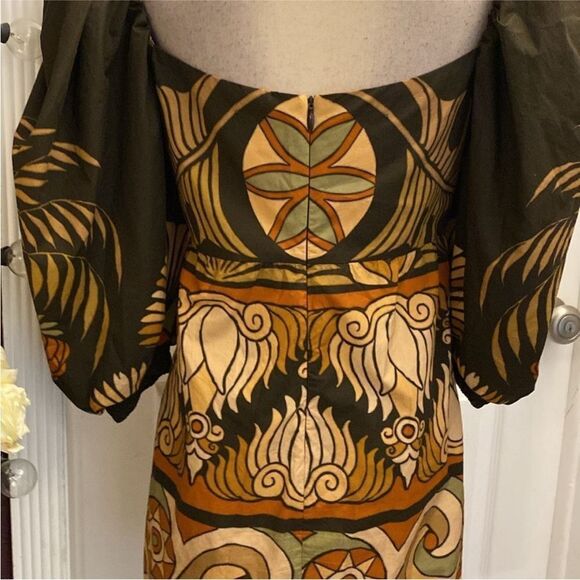 Johanna Ortiz Elegant Brown and Orange Patterned puffy sleeves mini Dress, US8 - Picture 12 of 14